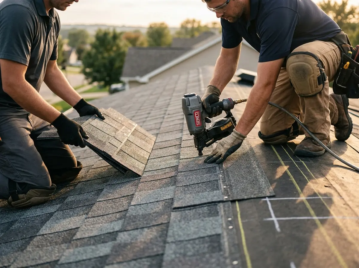 Professional roofer working on a residential roof in East Hanover